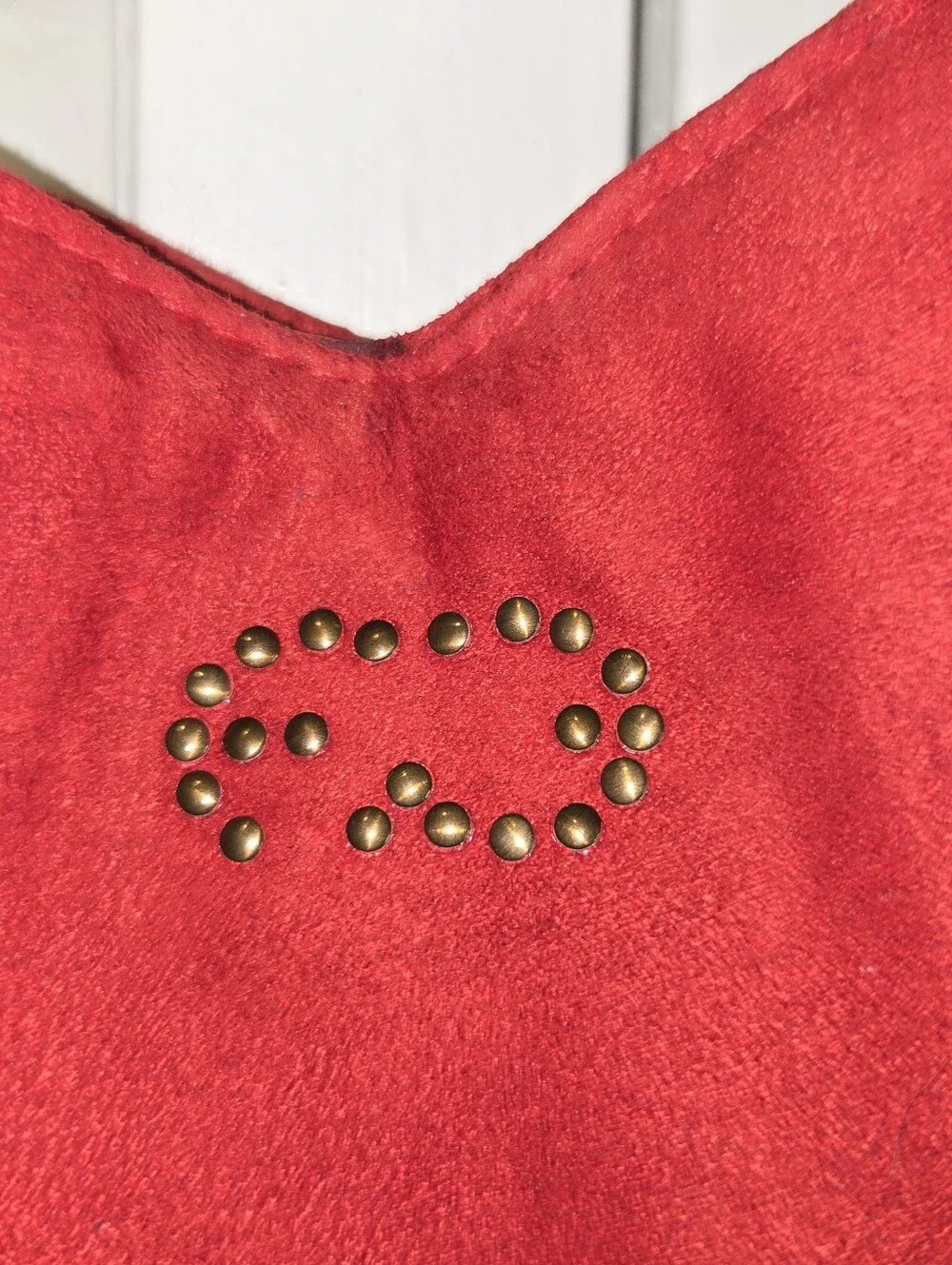 Vintage ESCADA Parfums Red Faux Suede Hobo Shoulder Bag Studded Logo Knot Strap